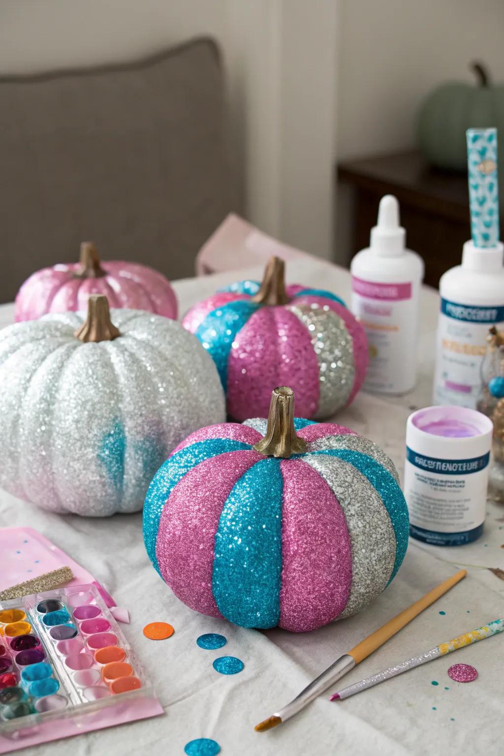 Glittered pumpkins sparkling brightly.
