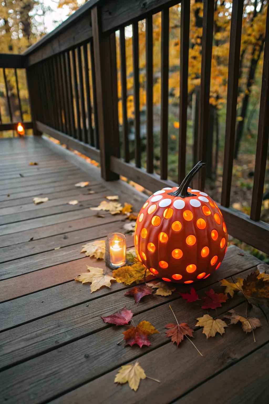 A joyful spotted pumpkin radiating a cozy glow on a fall evening.