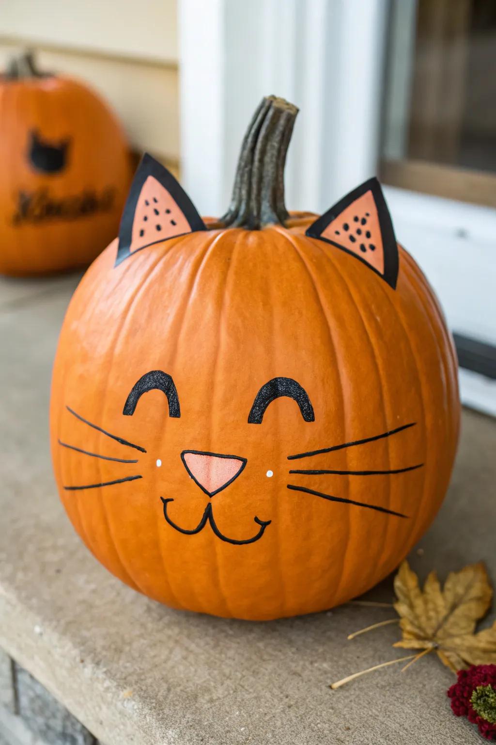 Delightful cat pumpkin that's utterly charming.