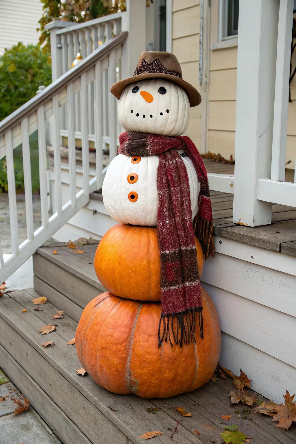 A playful snowman crafted from stacked pumpkins.