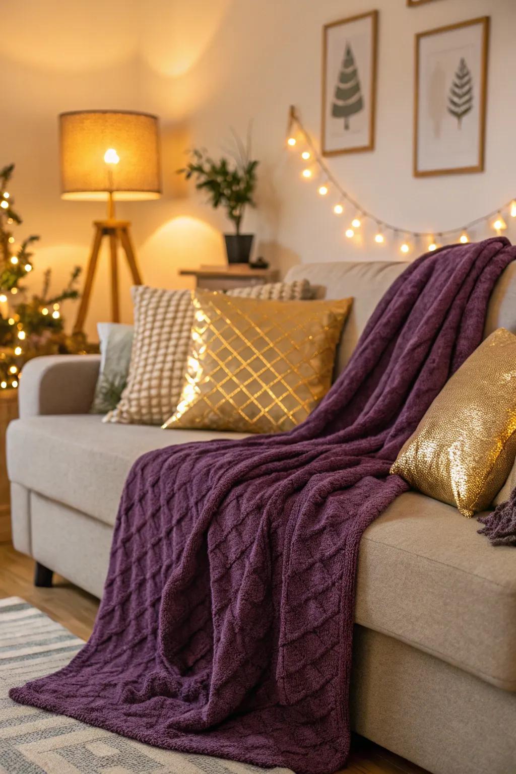 Layering with a purple bed covering adds texture and warmth.