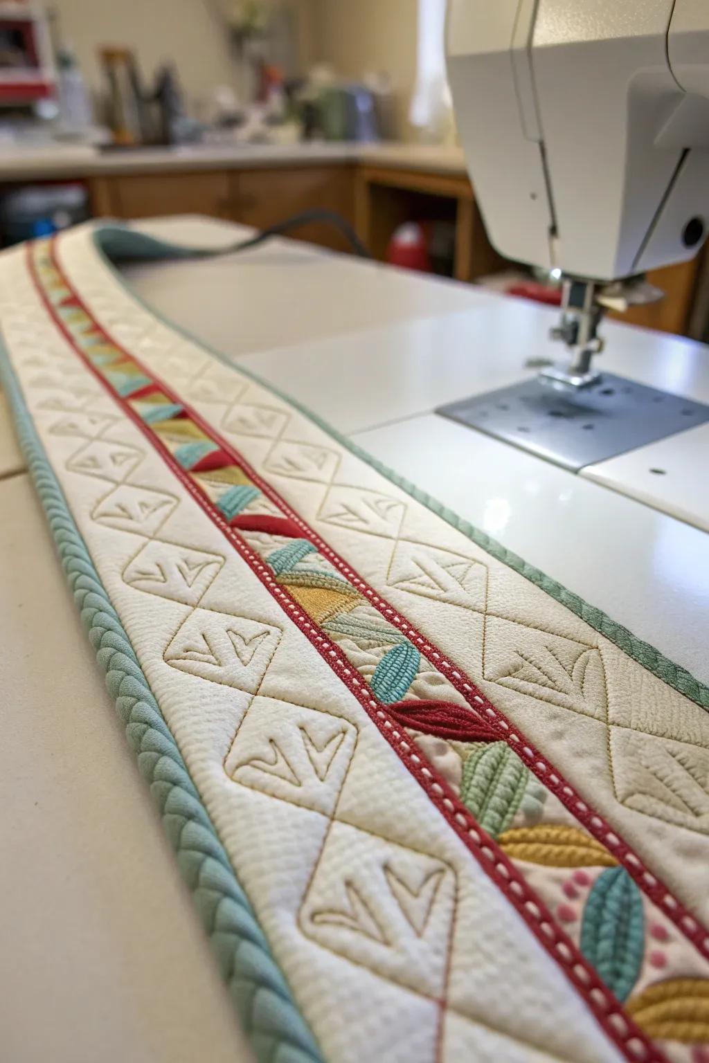 Embellished stitches impart distinct flair to quilt edgings.