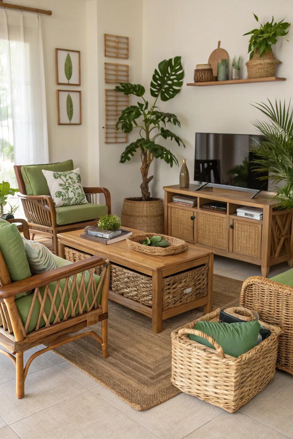 Employ organic textures like wicker and wood for an authentic feel.
