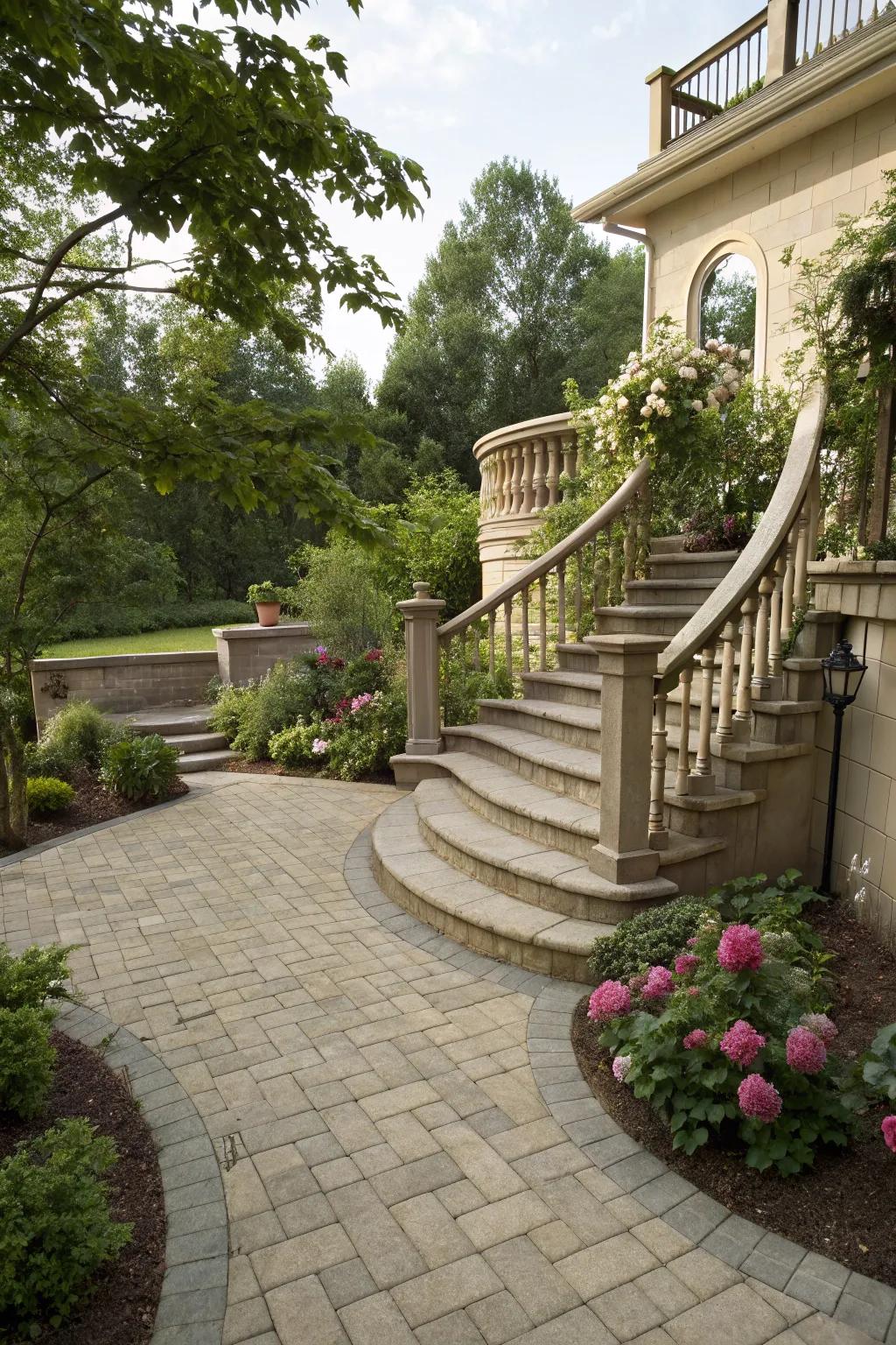 Staircases add sophistication and functionality to tiered patios.