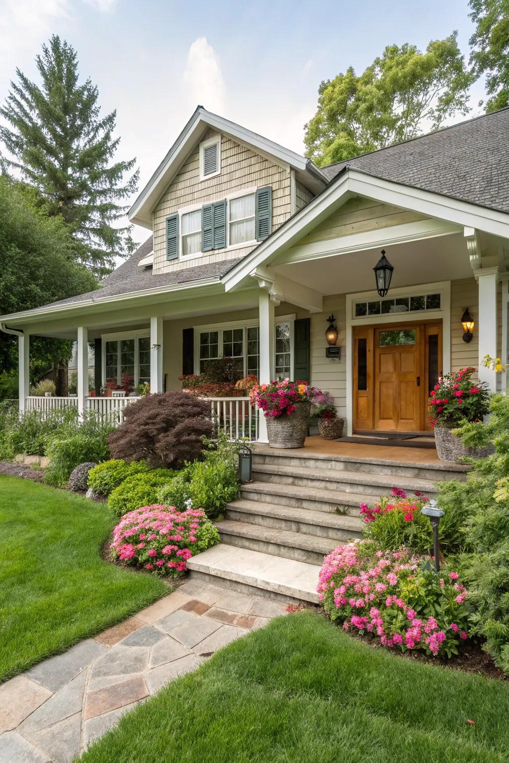 A gabled entryway adds character to this charming ranch house.