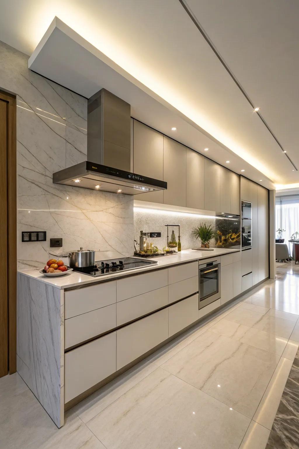 Seamless integrated cabinets elegantly conceal the range hood.