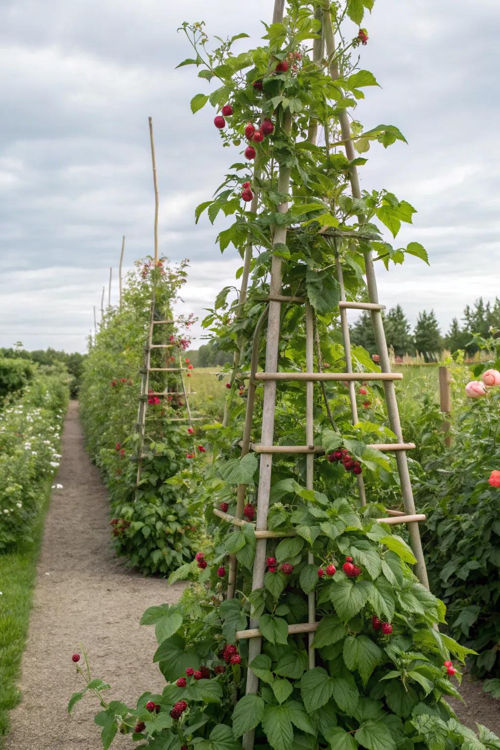 An upward trellis encourages upward growth and solar access.