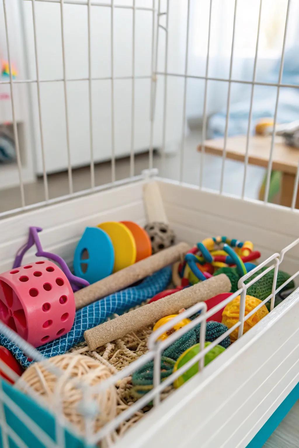 An array of chew toys to entertain and maintain the health of your rats.