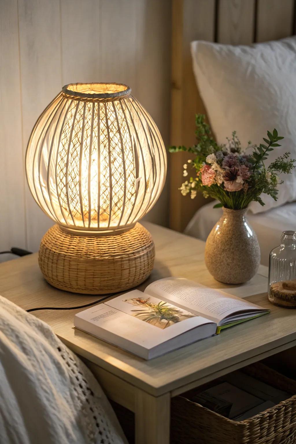 A rattan lamp gives a comfortable glow to your bedroom.