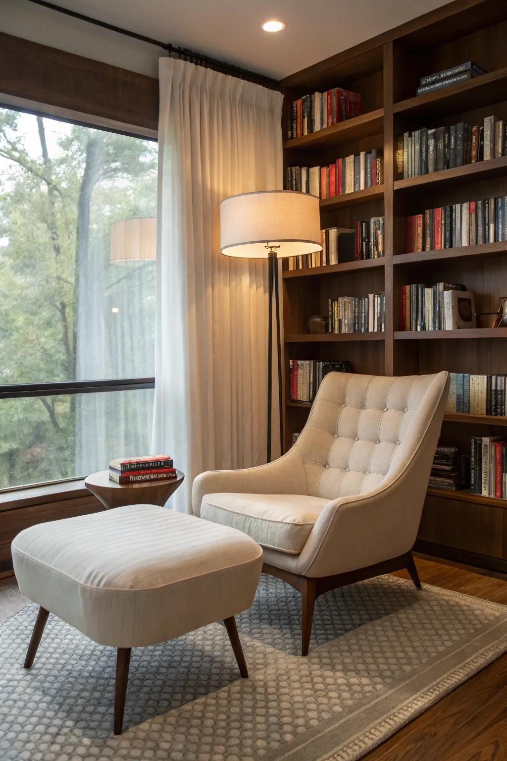 A reading nook enhanced with retro charm and elegance.