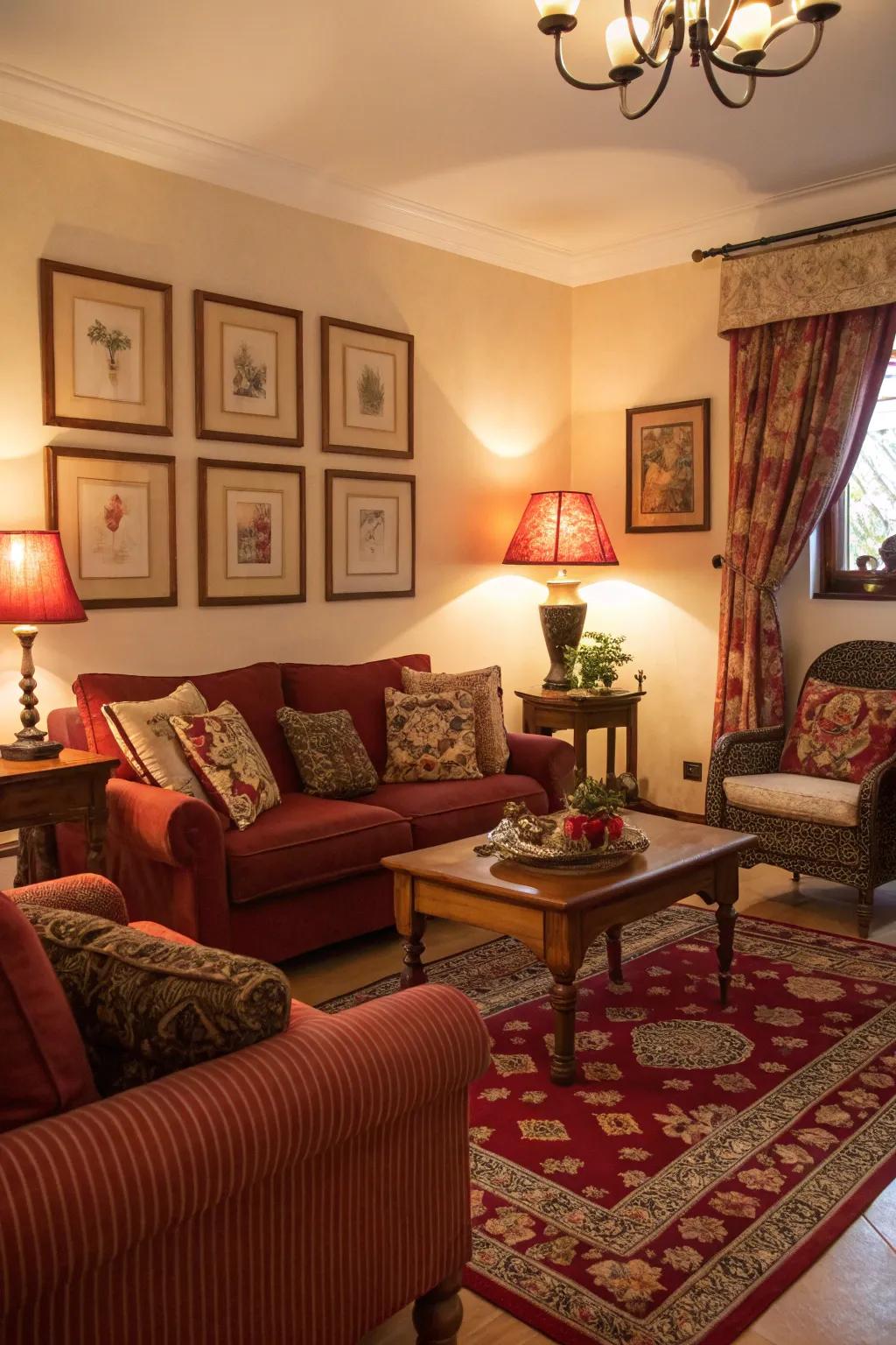 Warm illumination enhances the cozy vibe of a scarlet and cocoa family room.