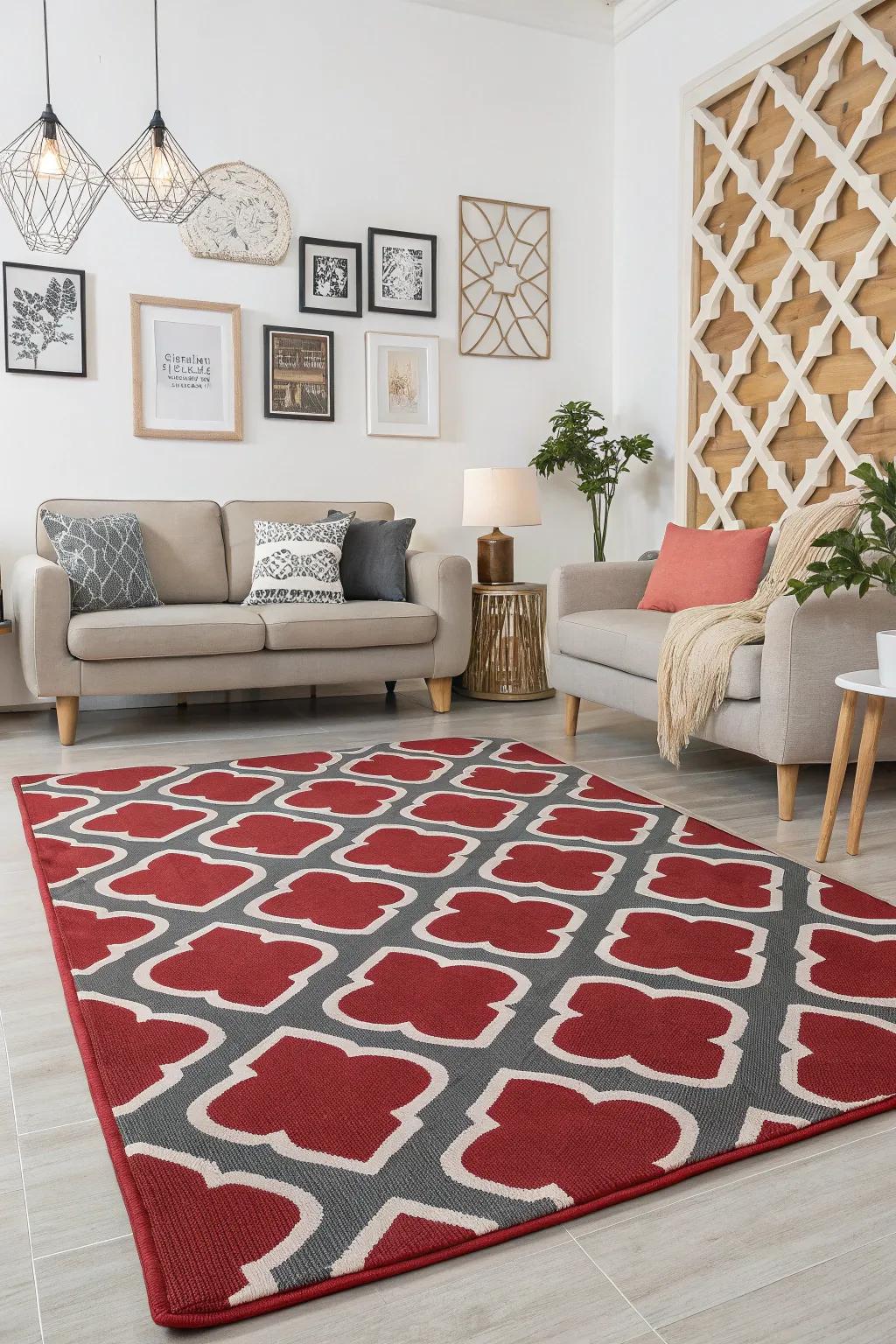 Geometric layouts breathe contemporary vitality into a crimson and charcoal lounge.