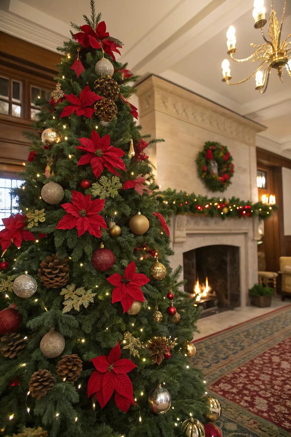 Poinsettias add a natural appeal to the Christmas tree.