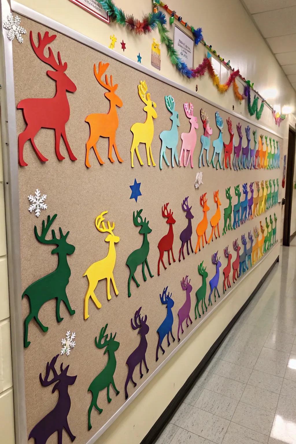 A multicolor reindeer procession adds vibrant cheer to your trimmings.