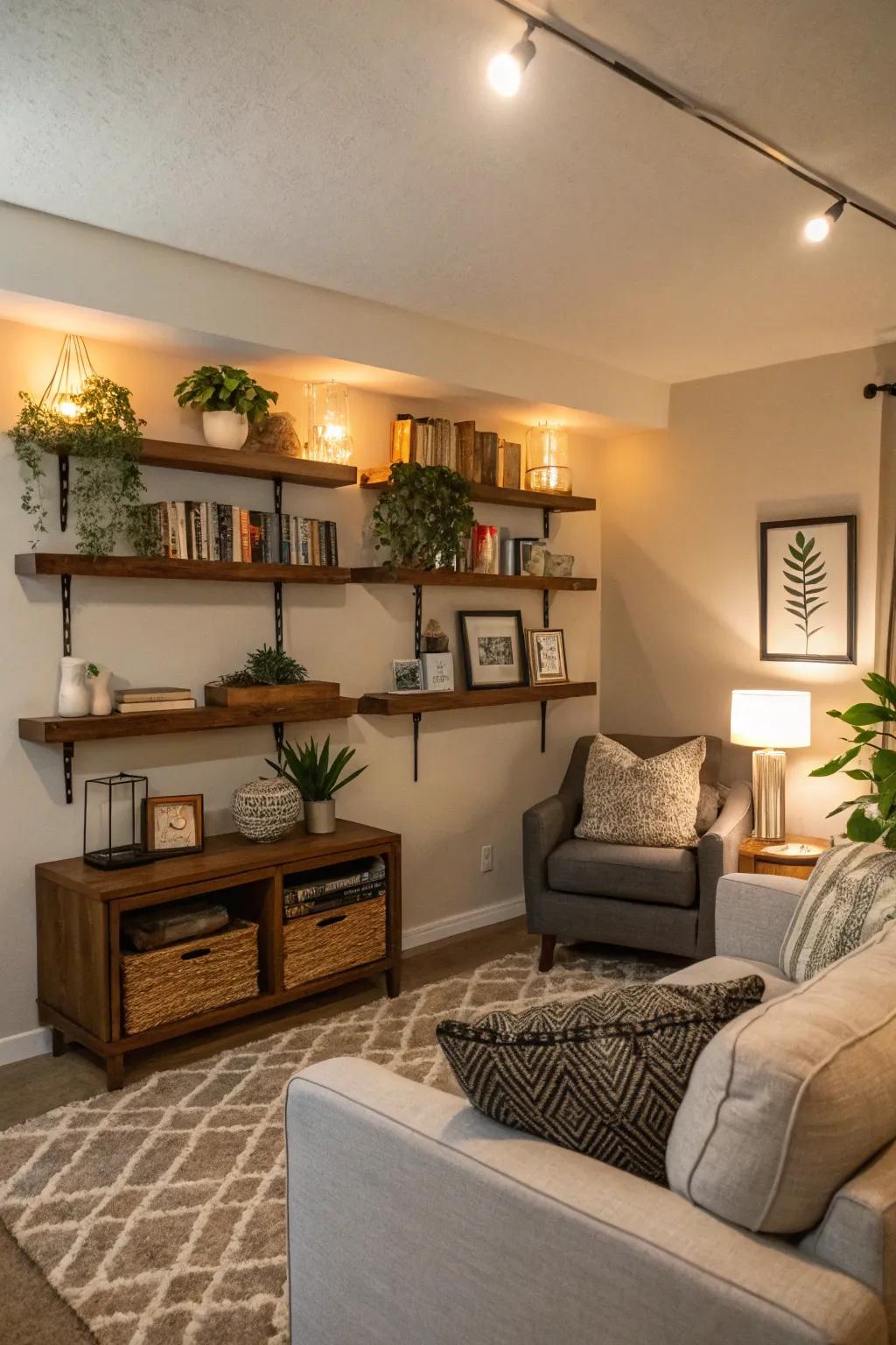 Design storage and style using accessible shelves.