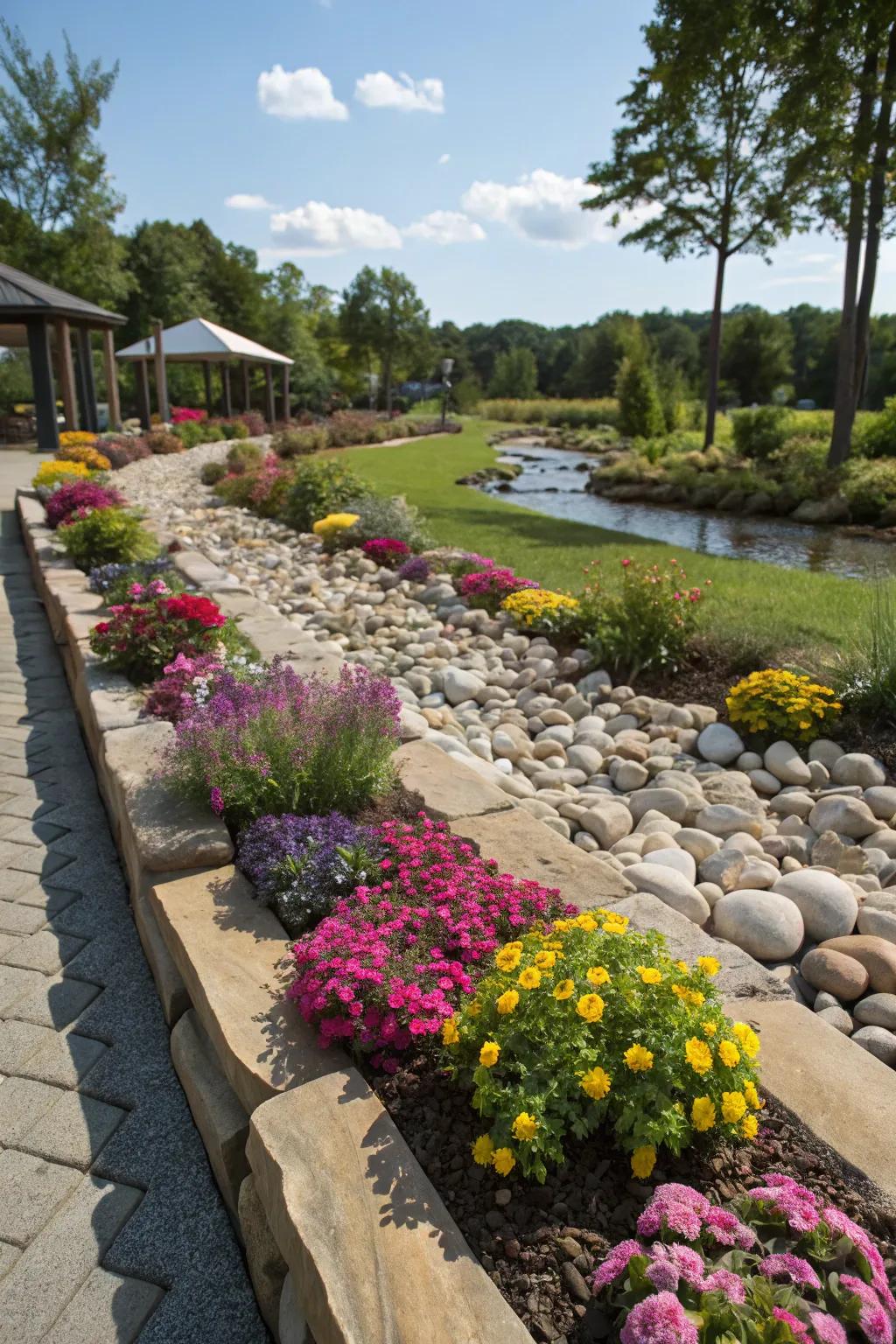 Stone limits contribute form and elegance to colorful flowerbeds.
