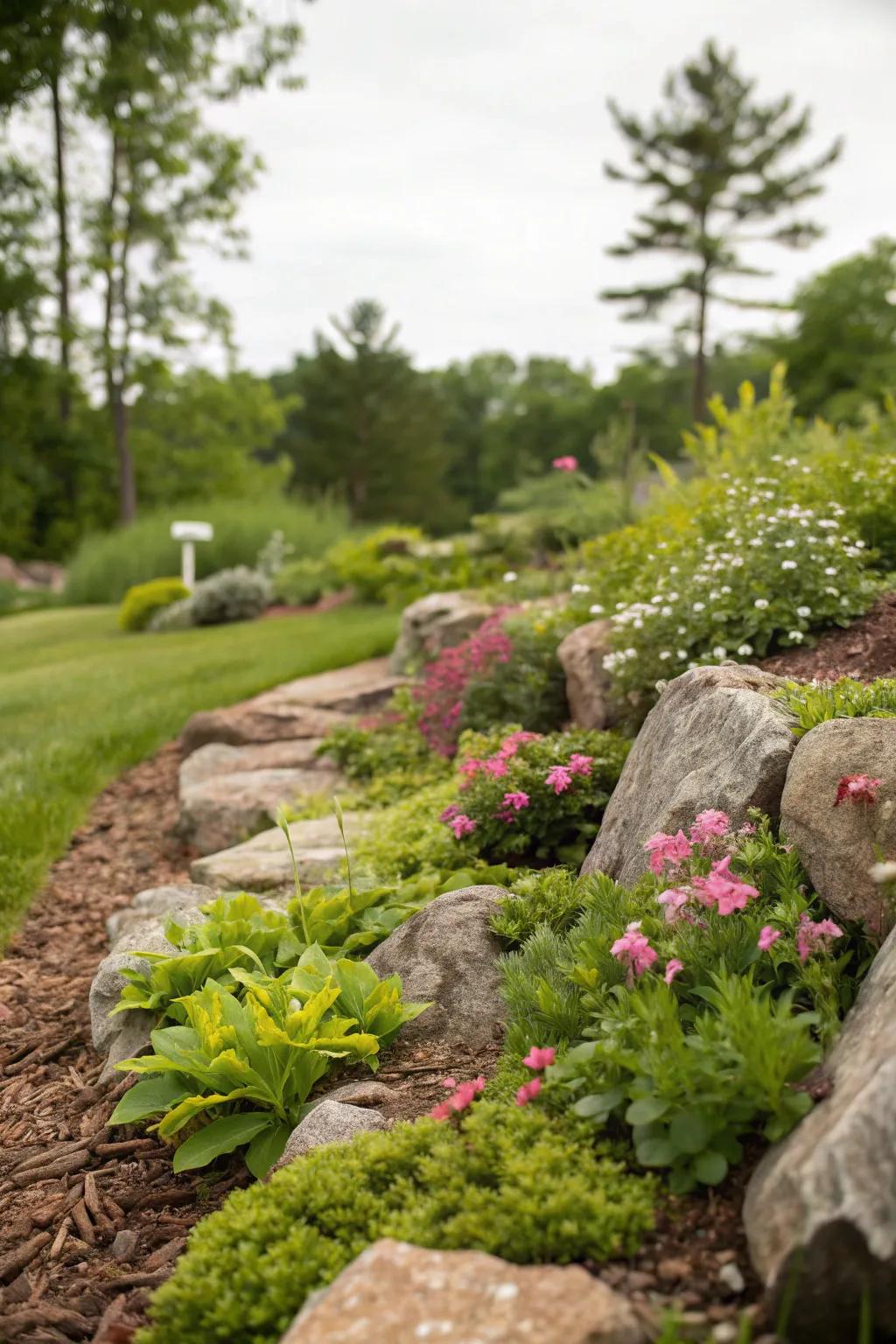 Lush greenery injects vibrancy among the stones and ground cover.
