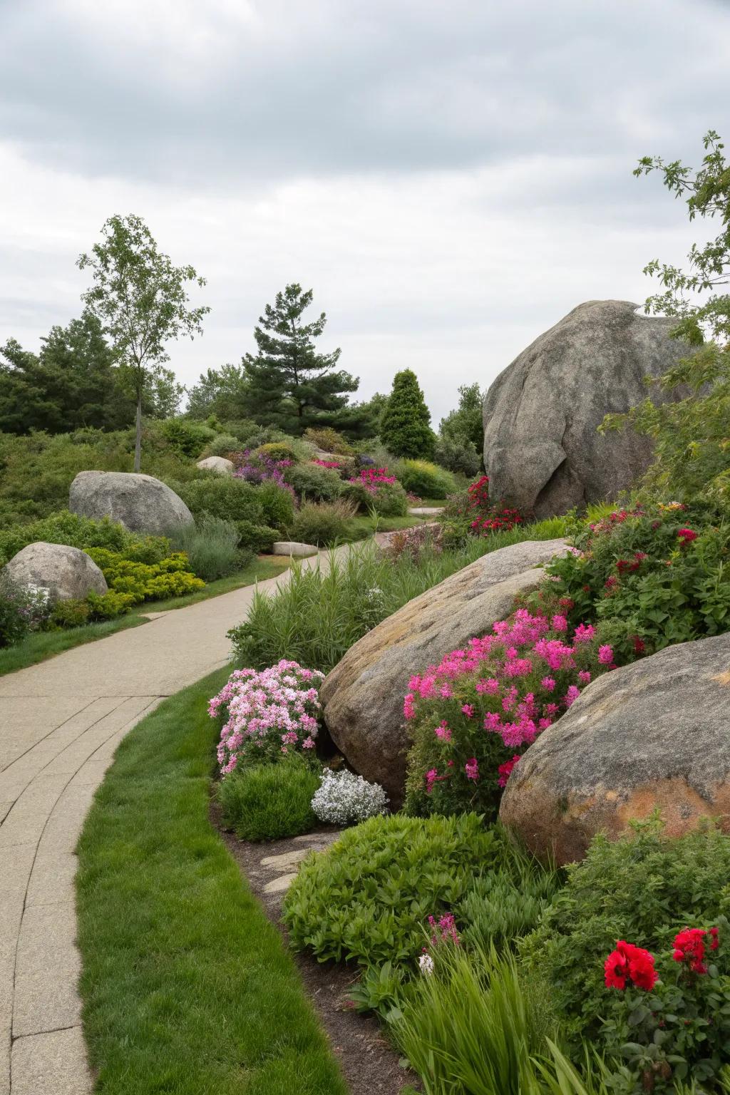 Large ornamental boulders establishing a spectacular garden core point.