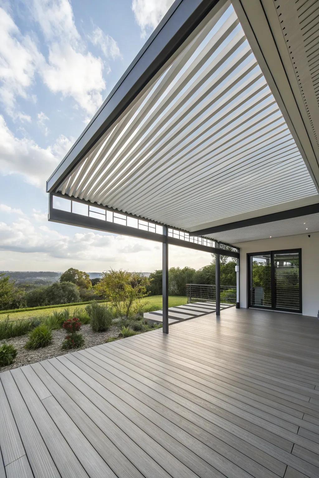 A slatted roof arrangement delivers high-tech control over your deck's setting.