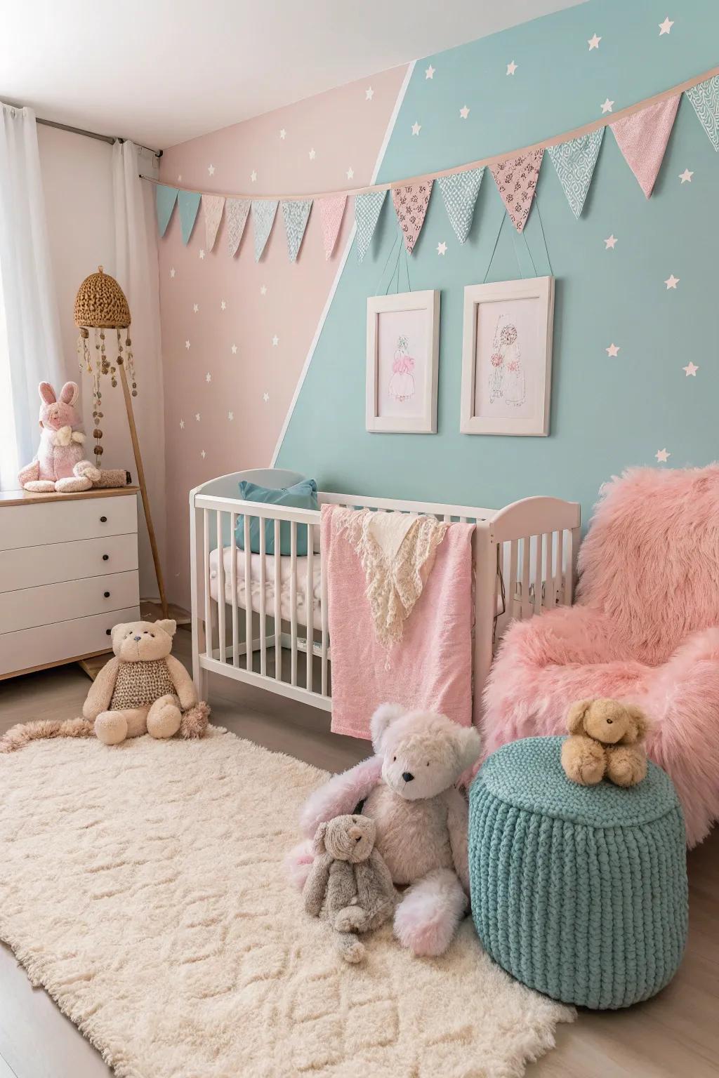 A pastel-themed nursery featuring soft colors and cozy elements.