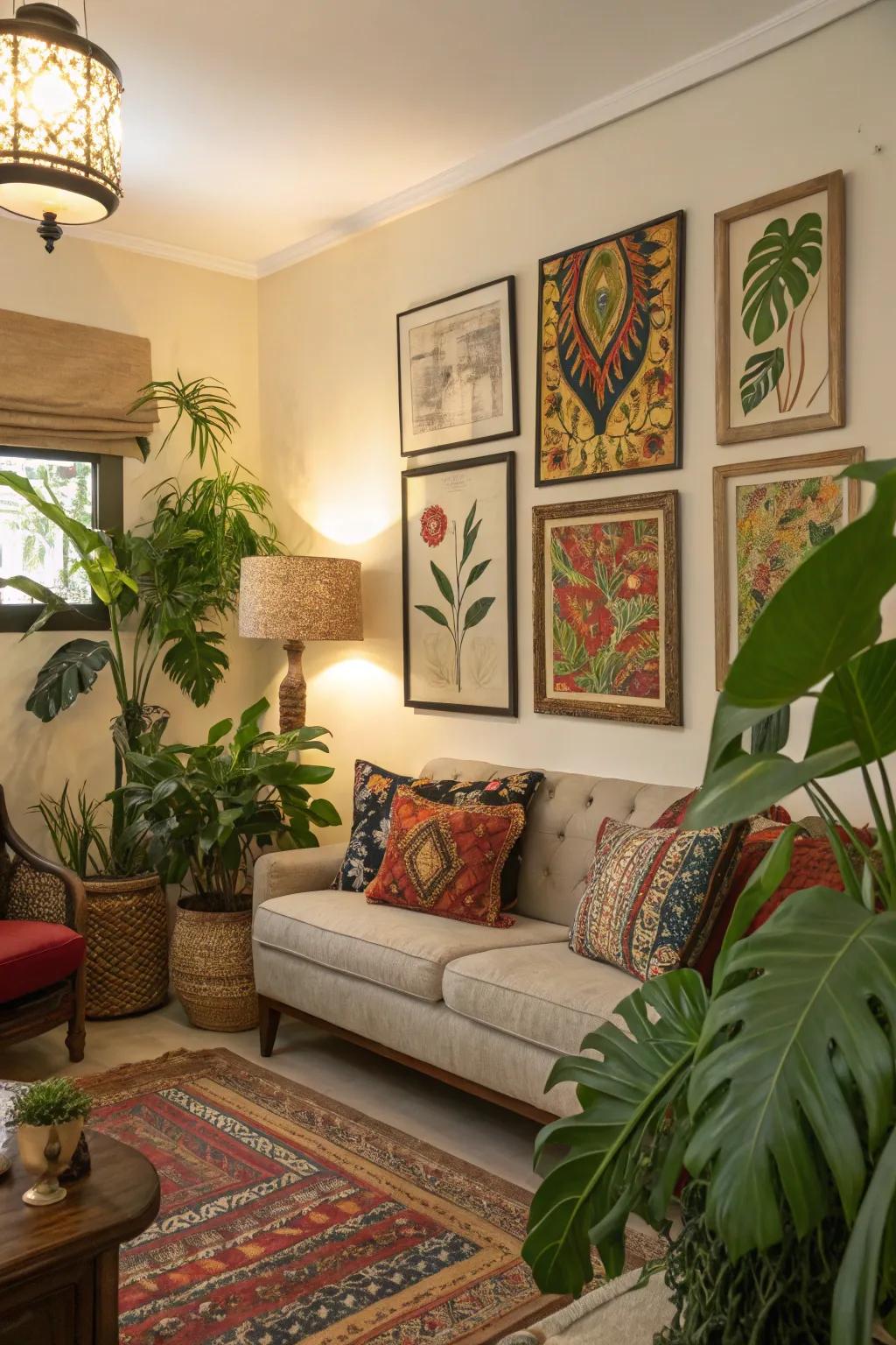 A lively living space filled with art and greenery.