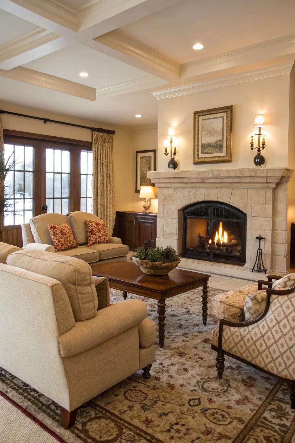 A living room layout that accentuates the hearth as a central feature.