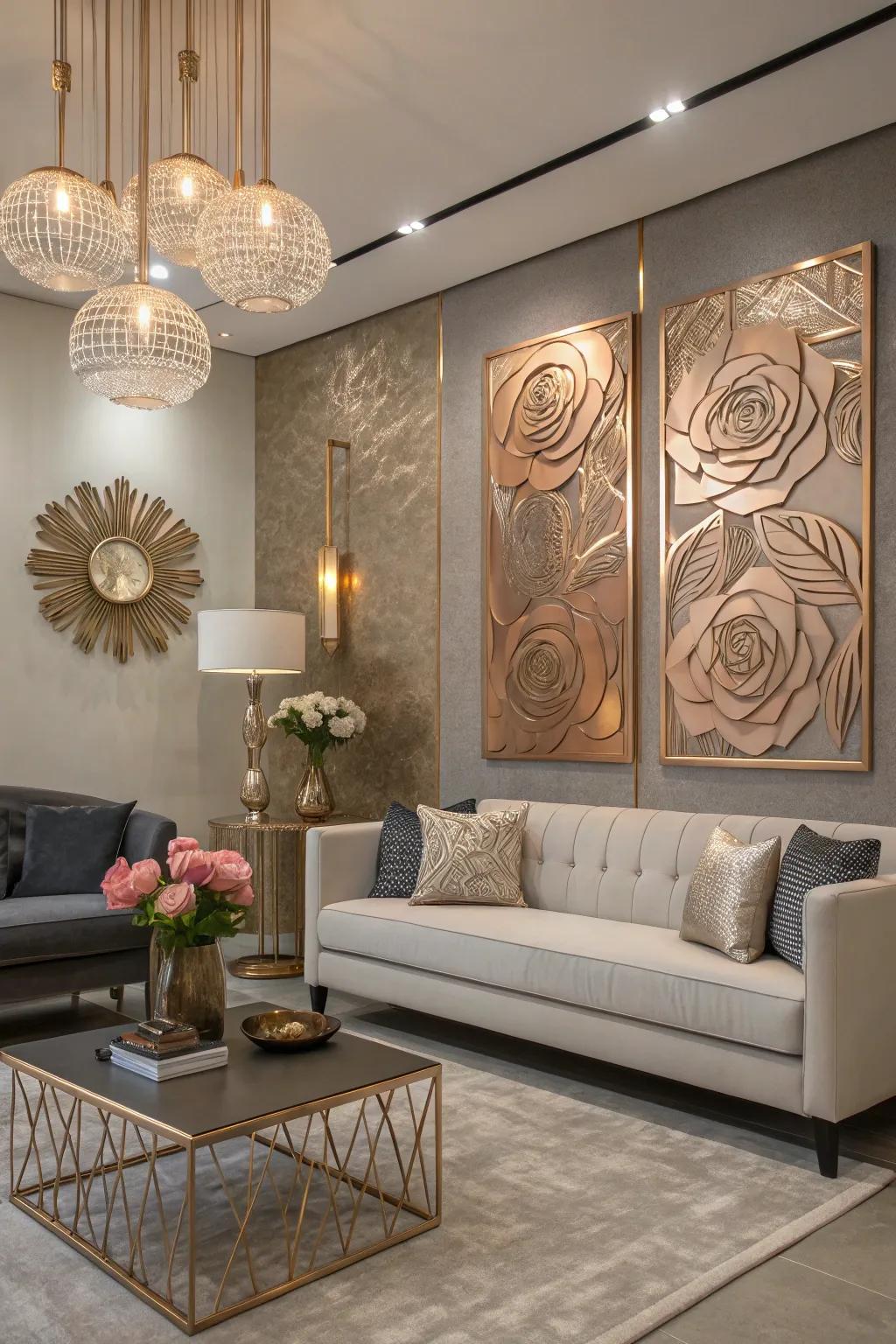 Conceptual wall art with rose gold tints brings a unique identity.