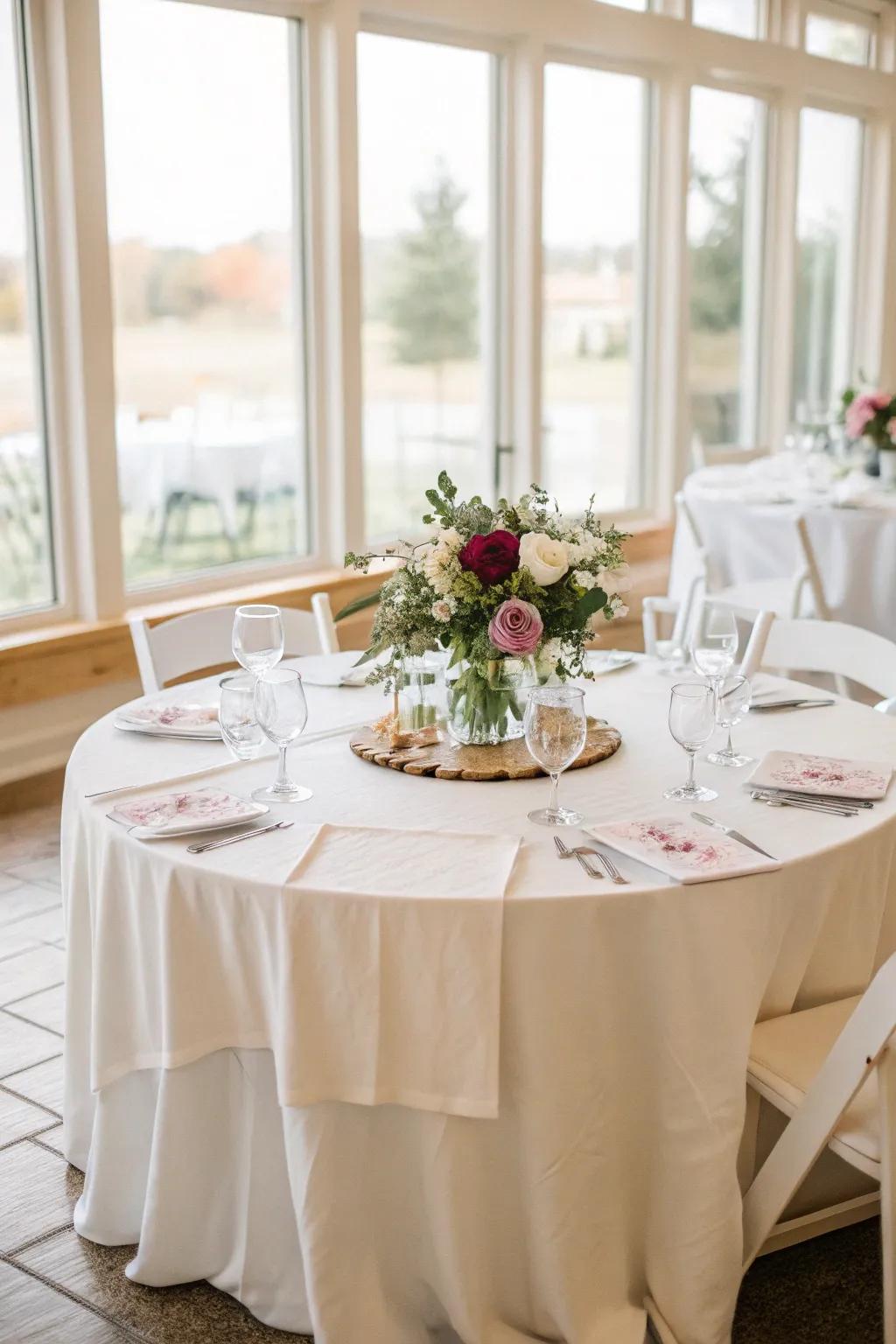 Understated elegance through a fabric table covering in a bright setting.