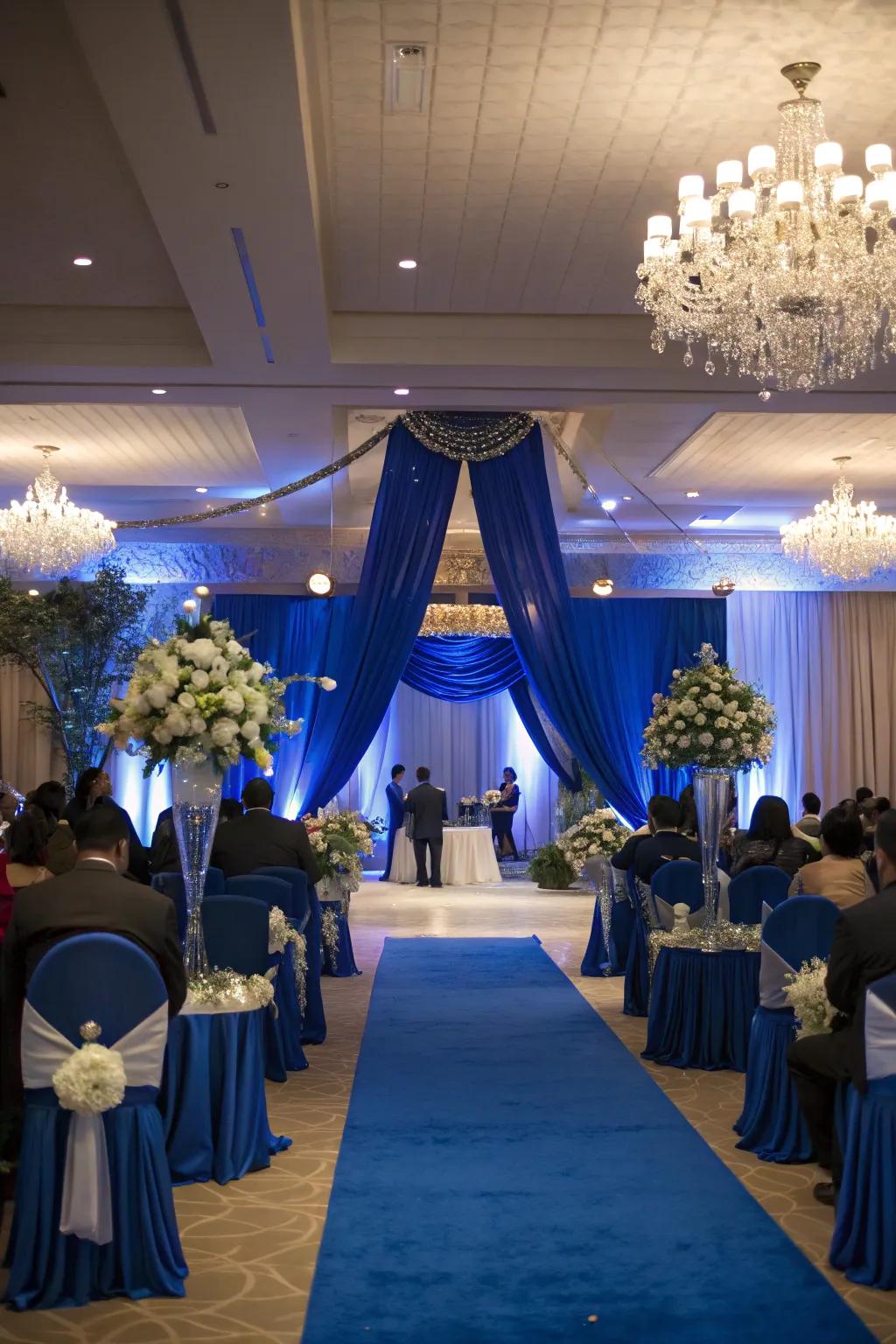 A celebration area enhanced with sapphire splendor decorations.