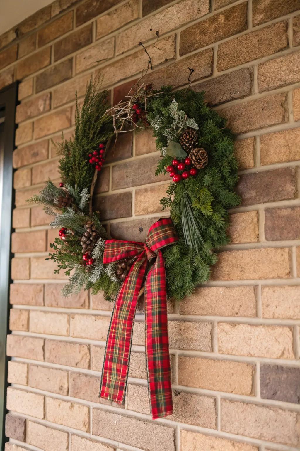 Tartan ribbons infuse this wreath with cozy holiday charm.