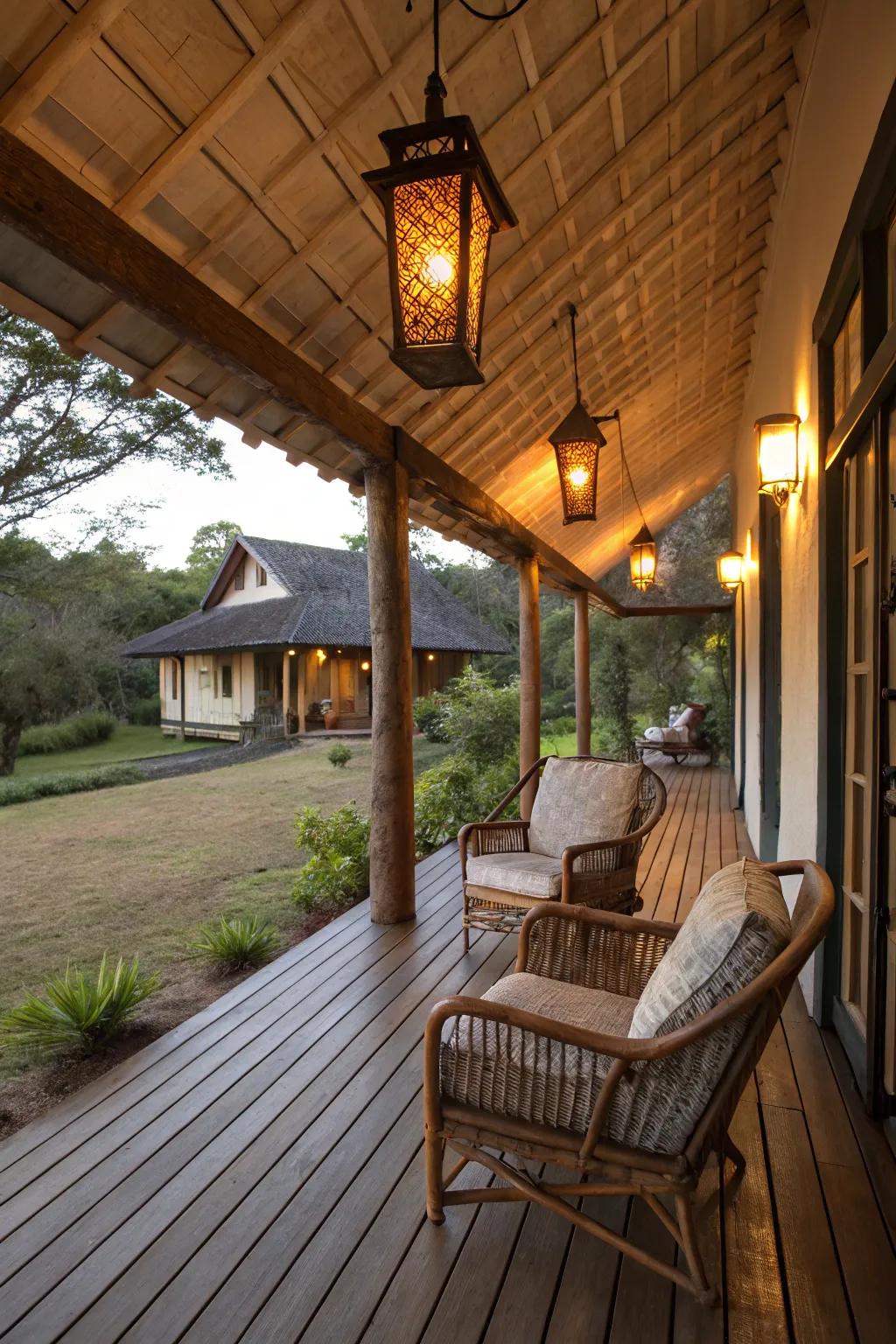 A veranda illuminated by enchanting lantern-esque illumination.
