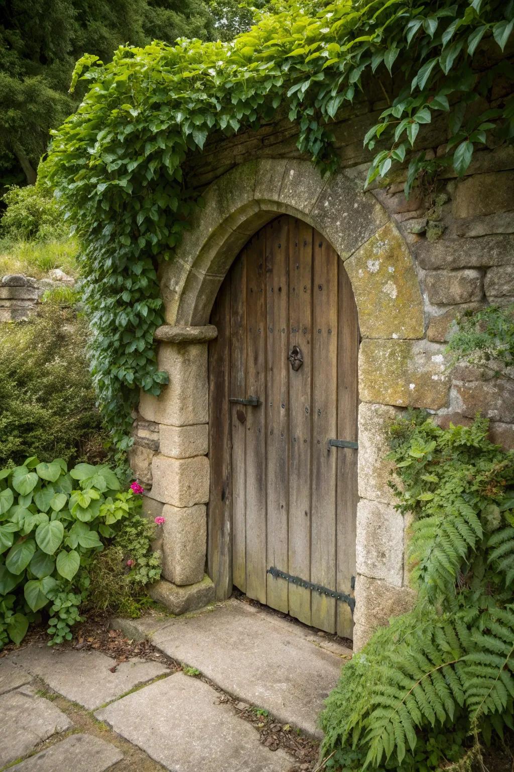 Rock or block framing elevates the rustic appeal of timber portals.