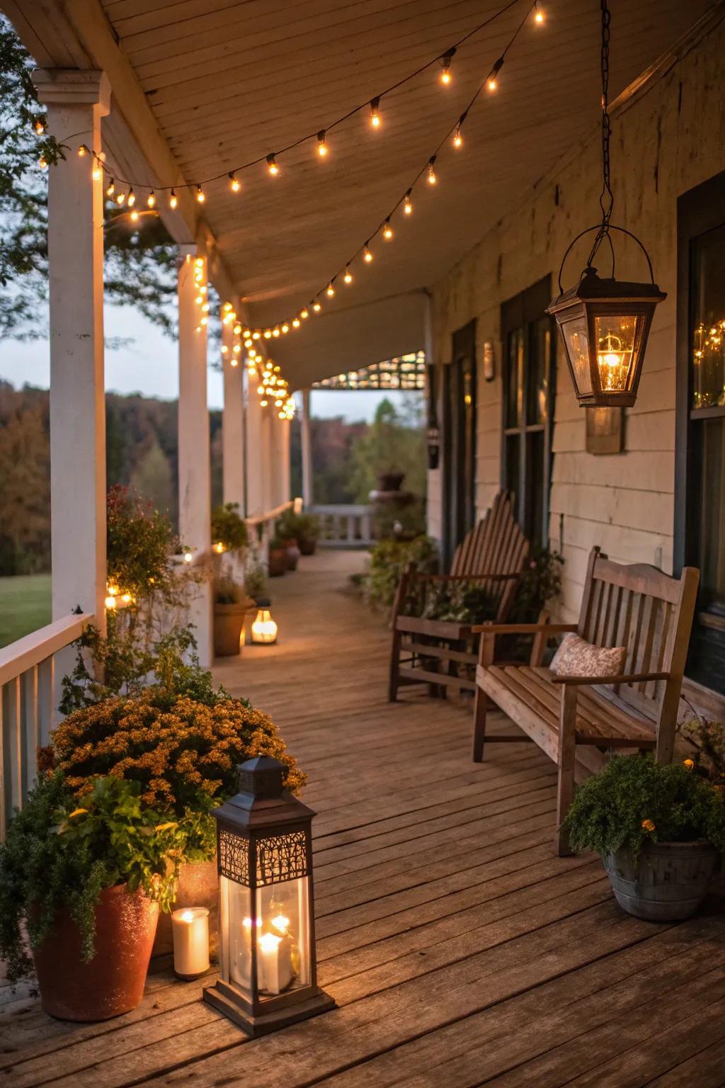 Fairy lights and outdoor lights create a magical, warm ambiance on a rustic porch.