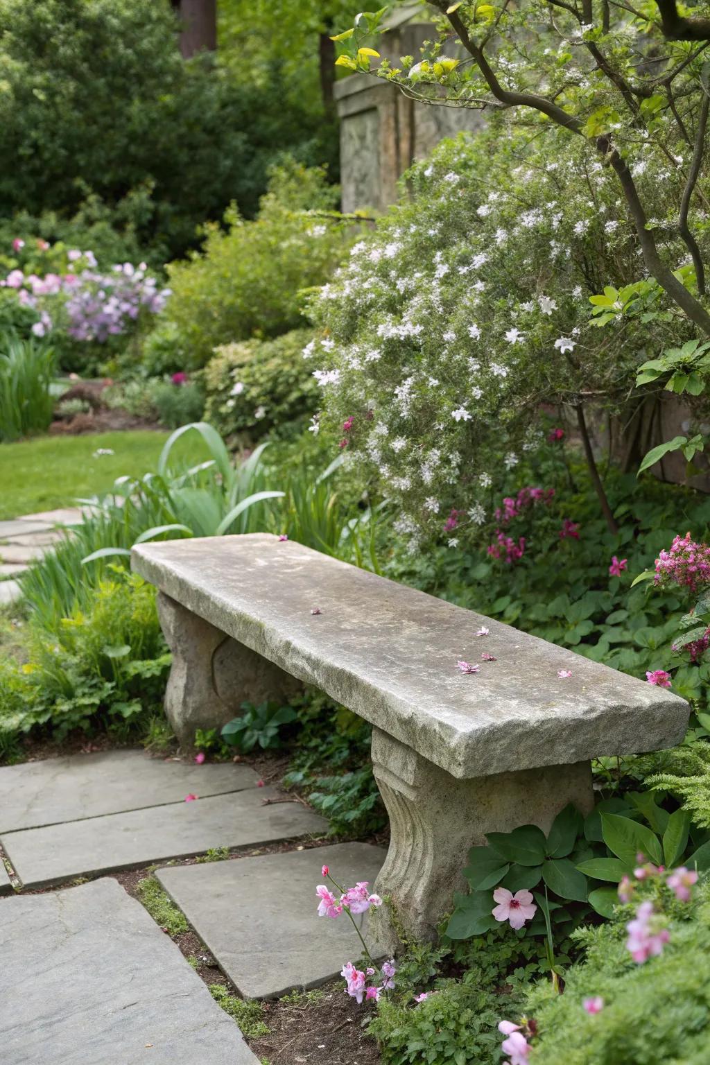 A stone piece bench provides a natural and strong seating option.