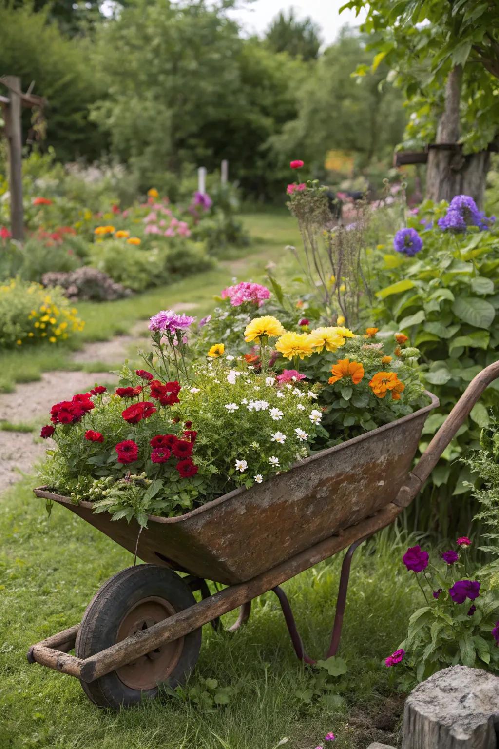 A barrow filled with blossoms injecting charm into the garden.