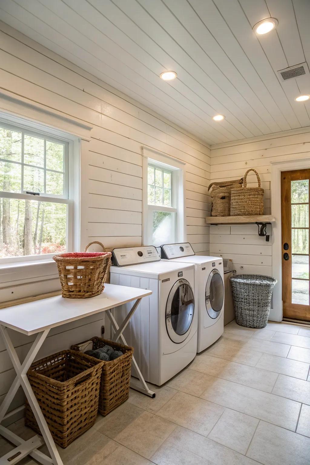 Textured walls such as plank paneling infuse depth and farmhouse elegance.