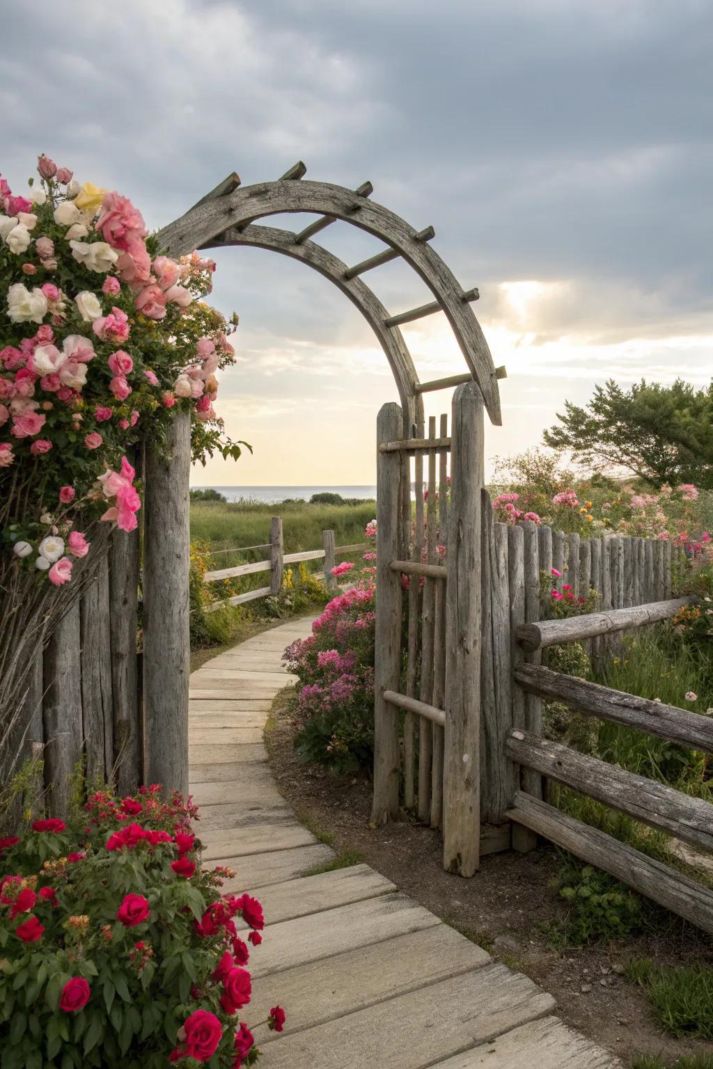 An arched log fence creates a magical entryway, surrounded by vibrant blooms.