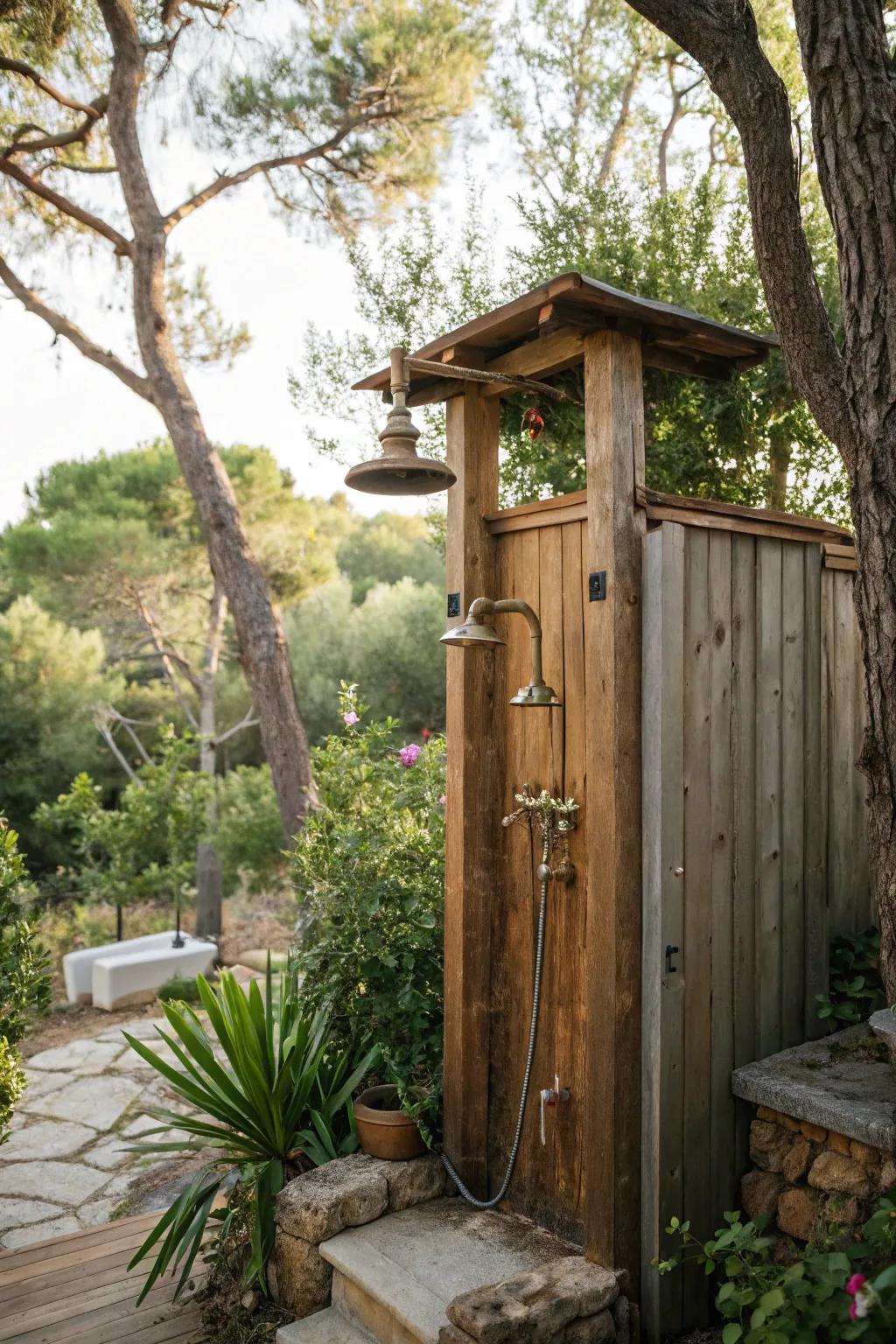 A countryside shower provides a refreshing escape in nature.