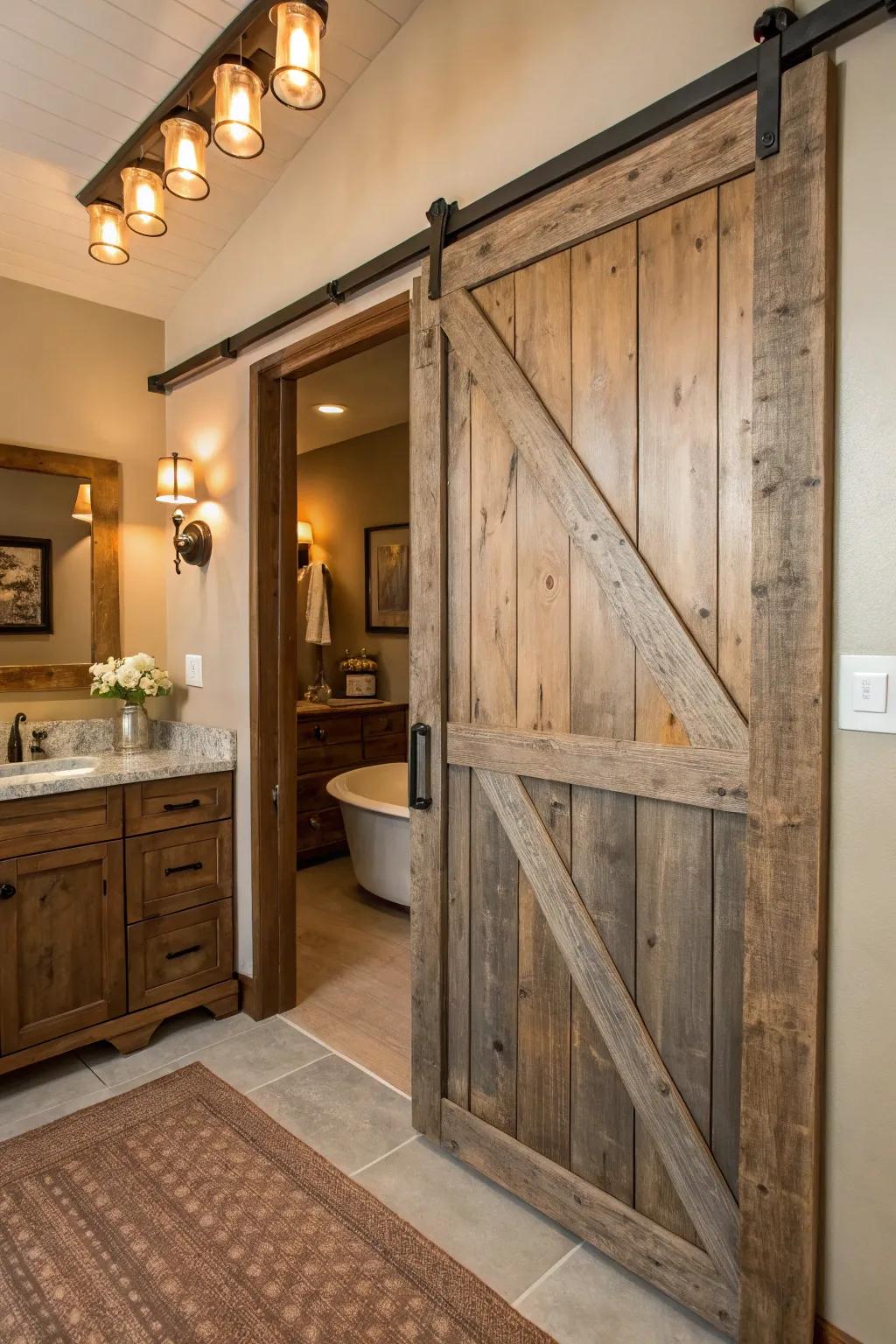 A rolling barn-style door that adds rustic charm and maximizes space.
