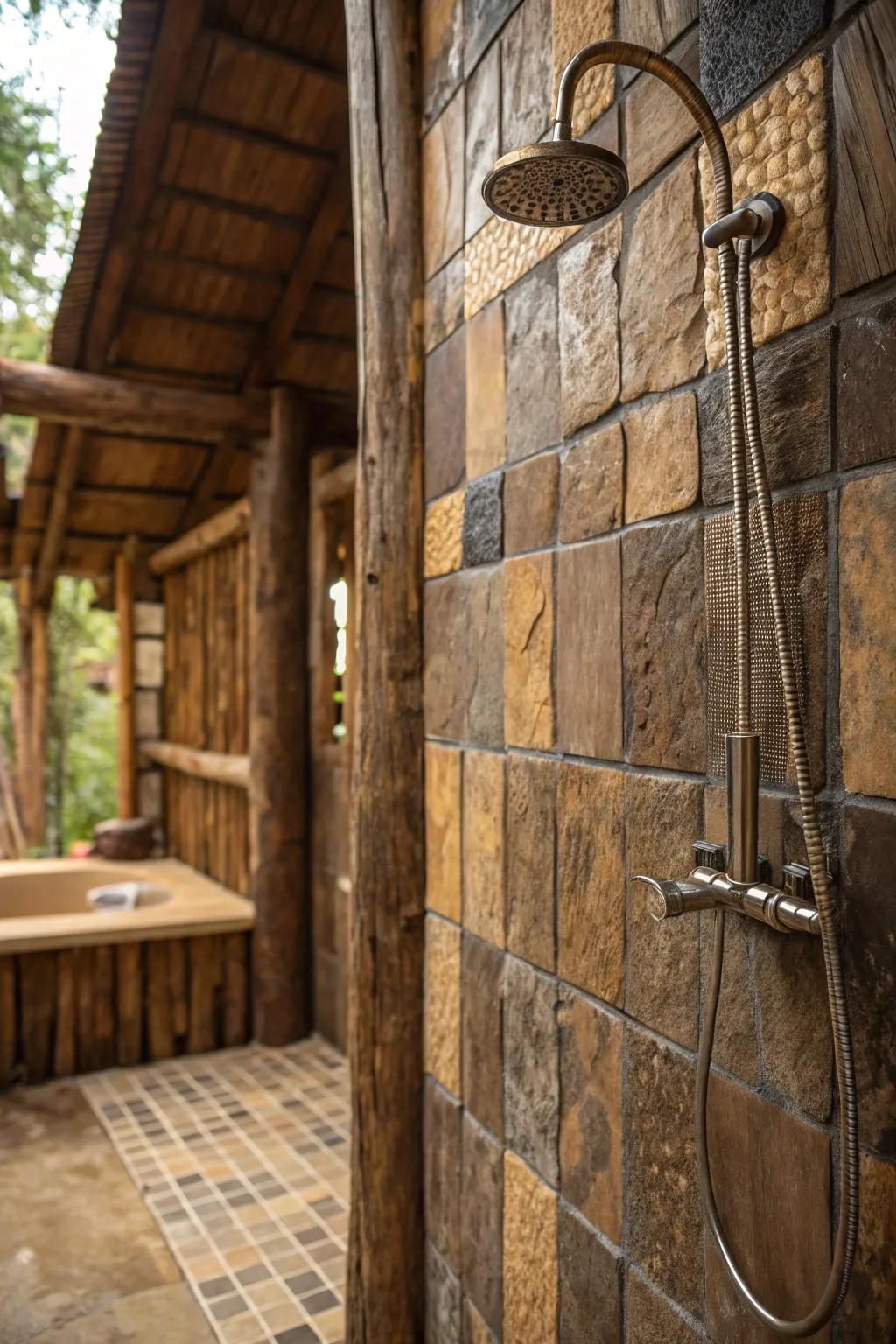 A weathered shower accentuating embossed blocks that faithfully mimic unrefined materials, thereby enhancing the space's magnitude.