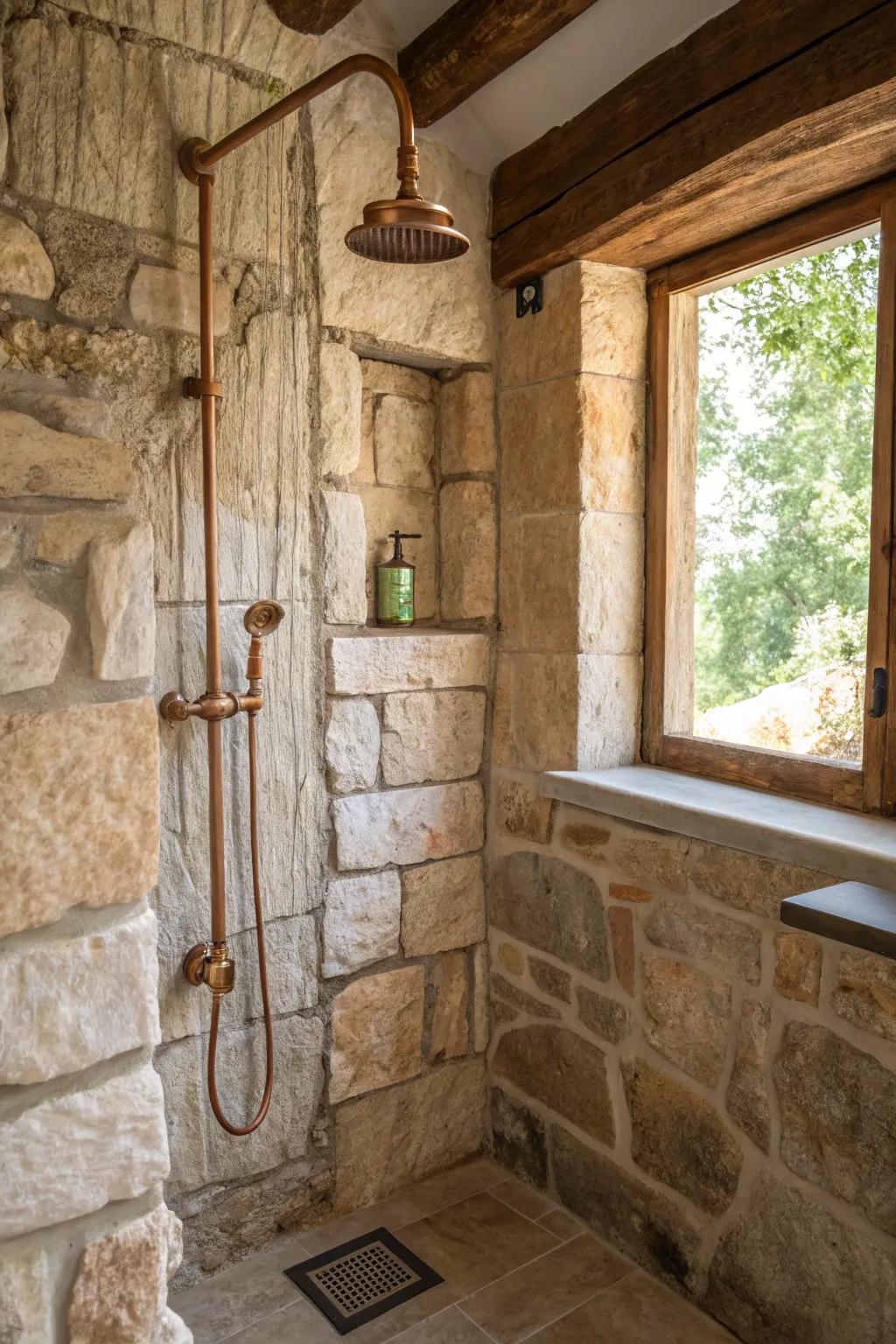 Copper fixtures contribute warmth and refinement to the rustic charm.