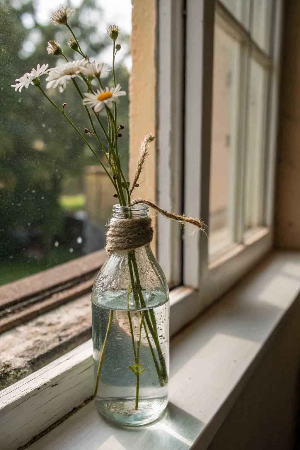 Transparent bottles with fiber excel for minimalist countryside decorating.