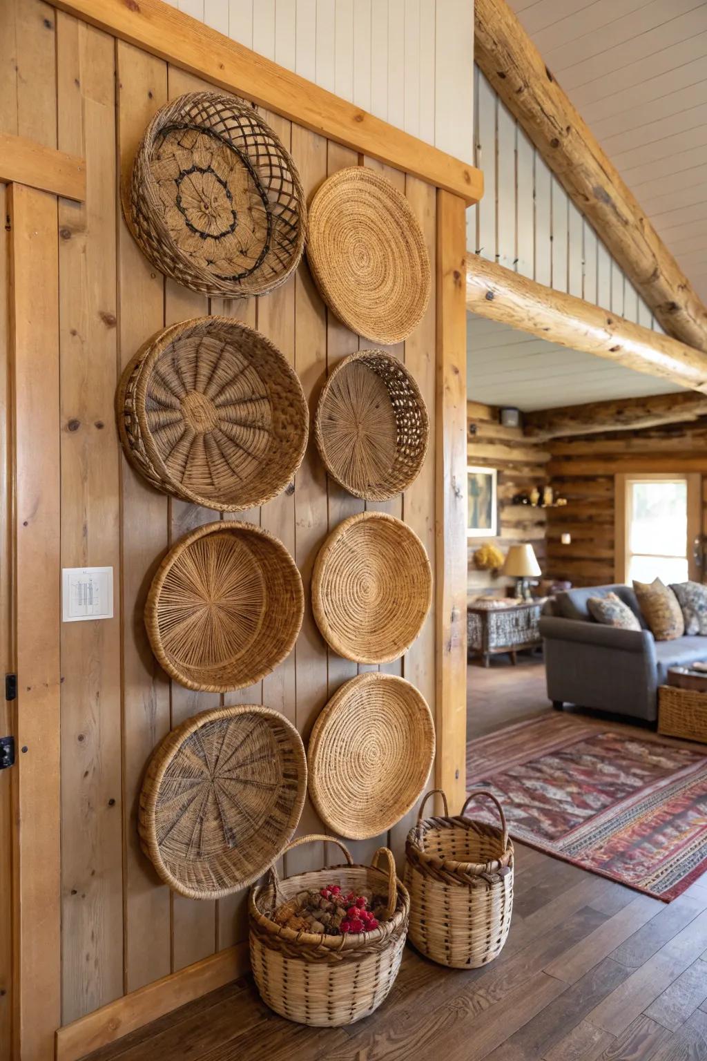 A compilation of woven containers crafts a breathtaking and textured wall exhibit.