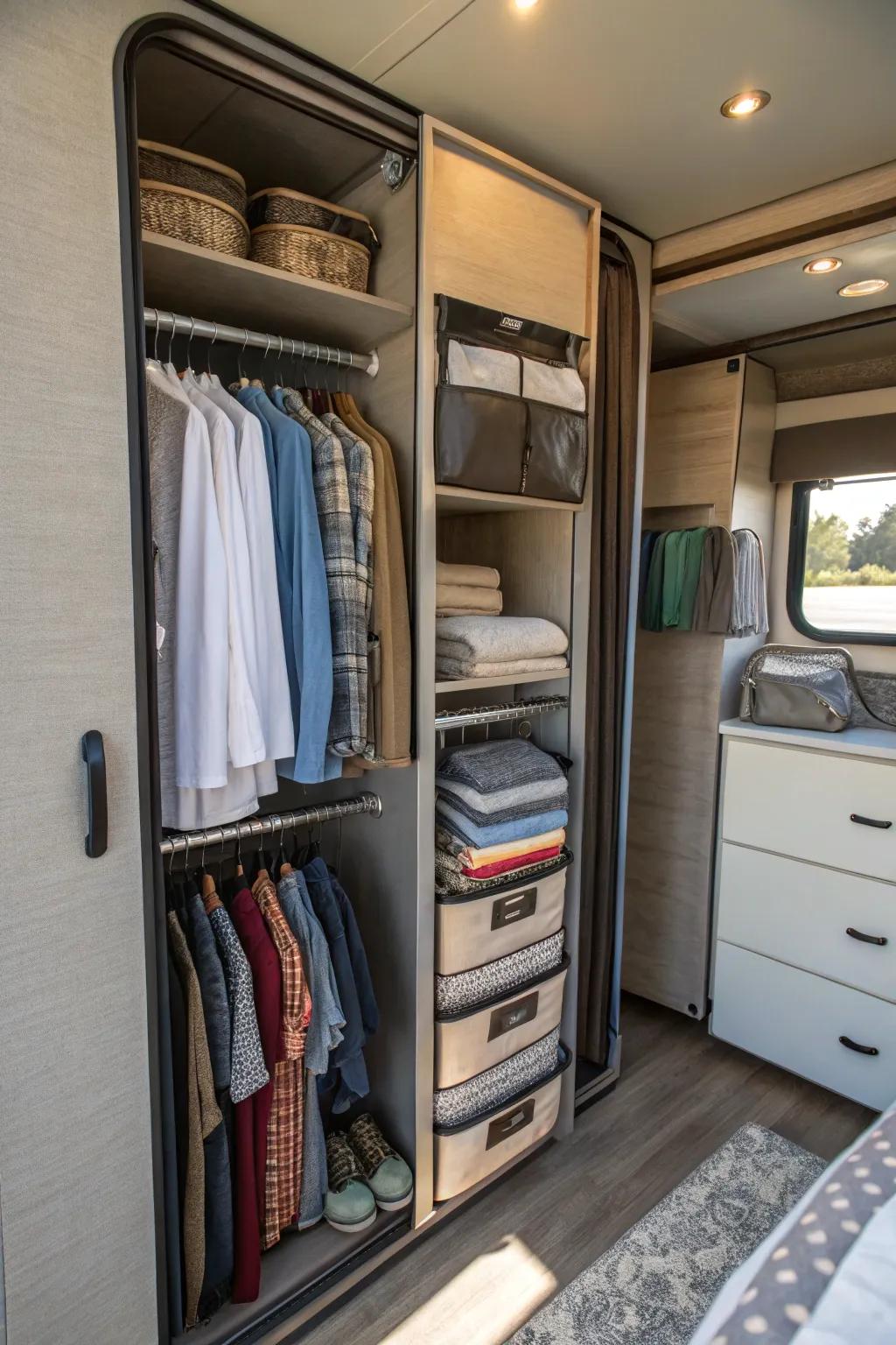 Foldable organizers provide the greatest storage flexibility in an RV closet.