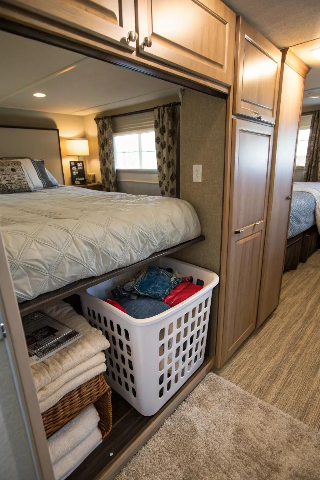 Effective under-bed storage for a linen receptacle in an RV.