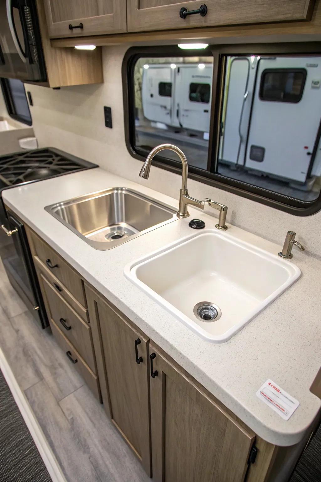 A dual basin sink providing versatile usefulness.