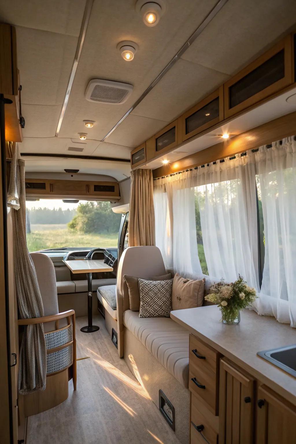 Sheer curtains balance seclusion with ample natural light.