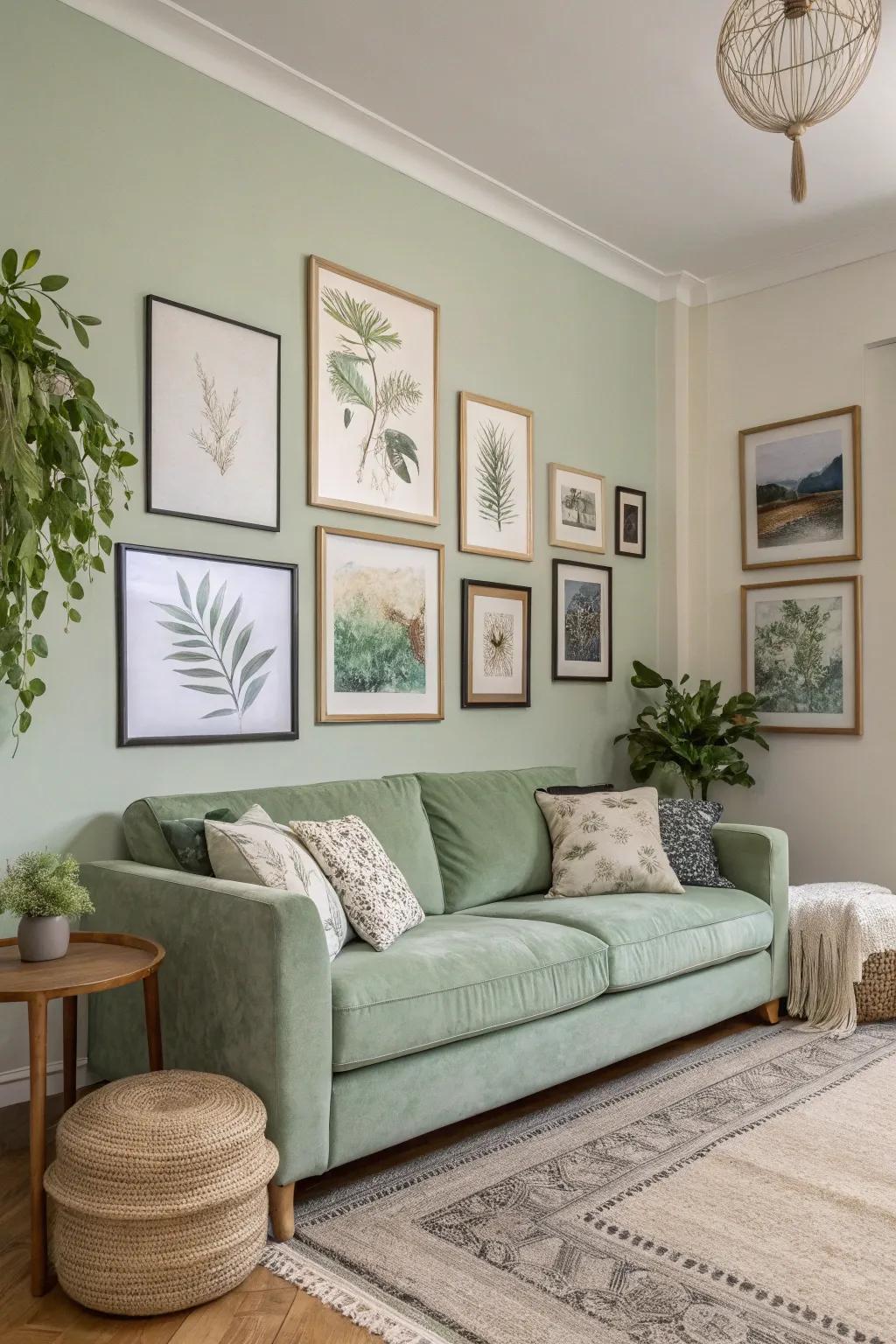 Wall art introduces persona and depth to a sage green living space.