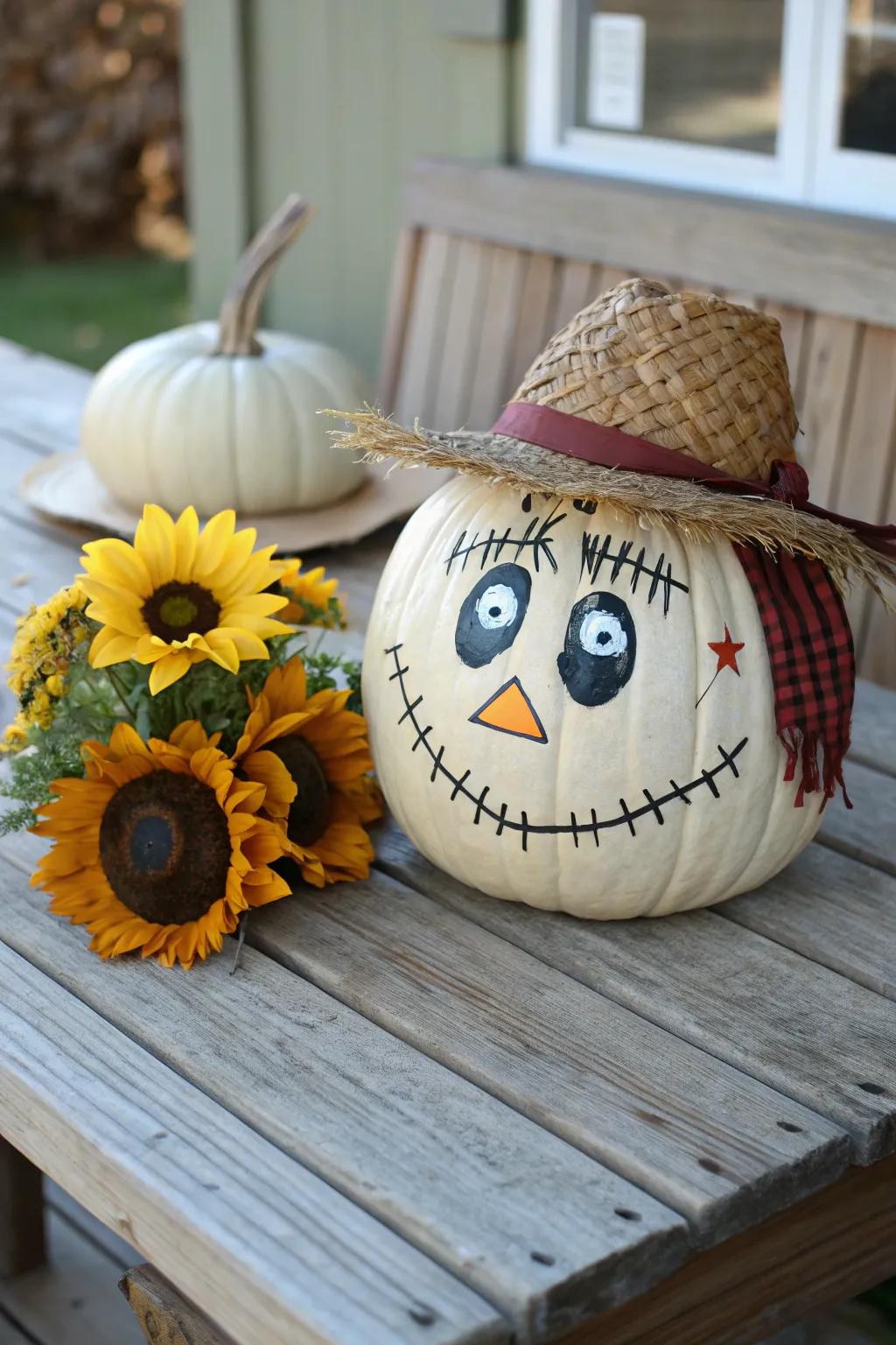 A sunflower adds a cheerful touch to a scarecrow pumpkin.
