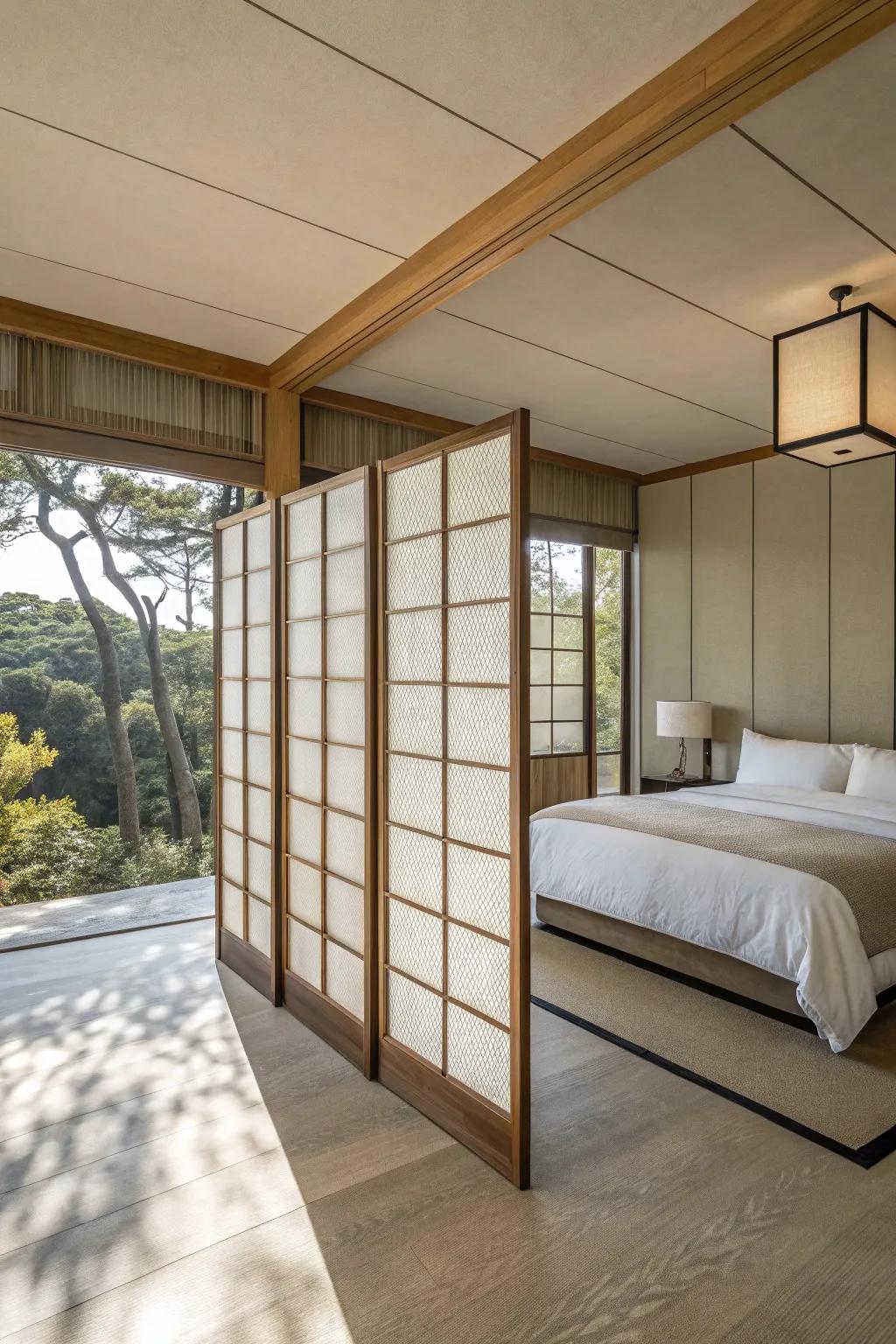 A streamlined screen wall instills calmness in the bedroom.